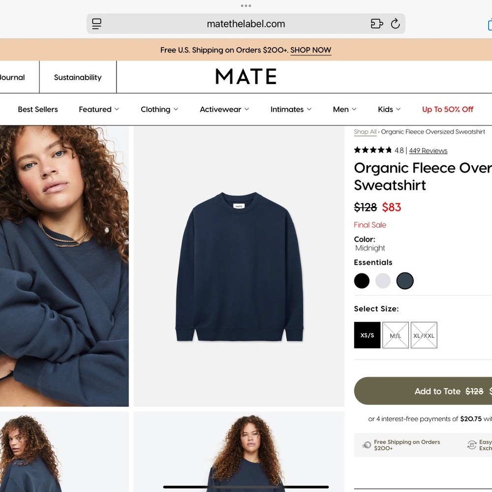 MATE THE LABEL/ORGANIC FLEECE OVERSIZED SWEATSHIRT NWOT